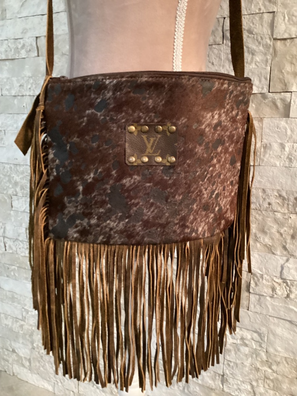 One-of-a-Kind Upcycled Genuine Cowhide & Leather Fringe Crossbody Bag